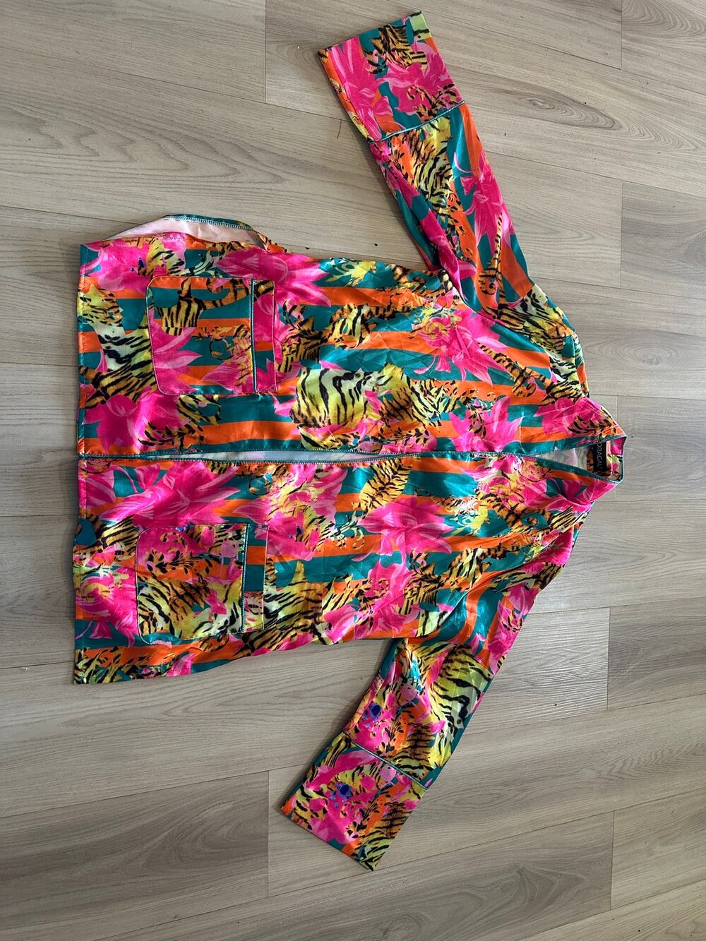 Loragal Tiger Print Satin Button Up Shirt Jacket Neon Pink Orange Teal XL
